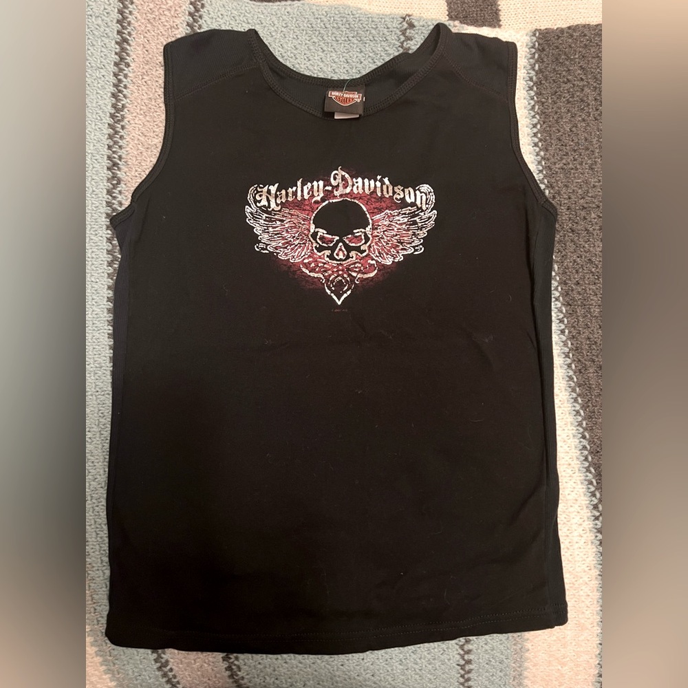 Harley Davidson Black Sleeveless Muscle Tank Top Winged Skull Bandana L Large